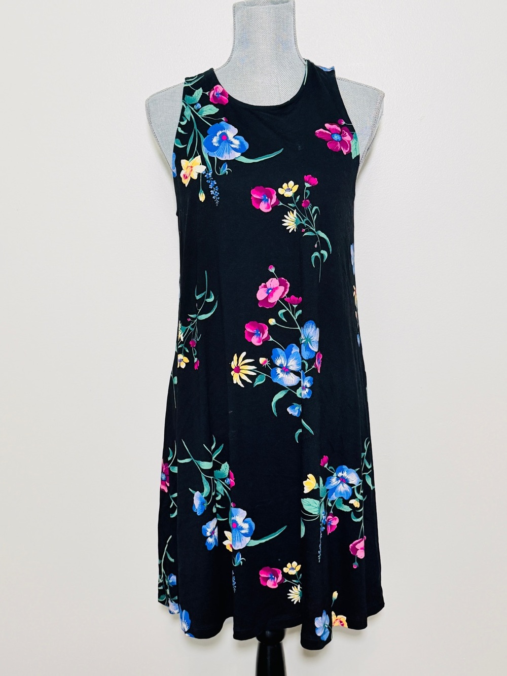 Old Navy Black Sleeveless Floral Swing tank top Dress tropical vacation travel